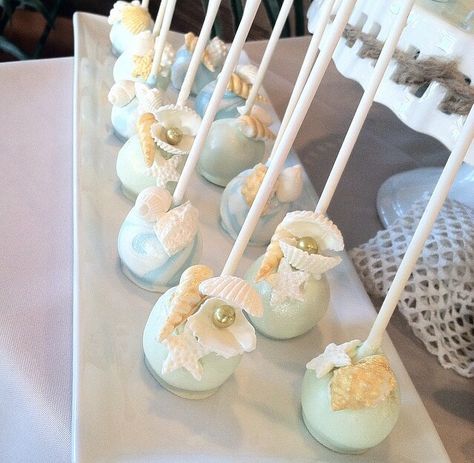 Cake Pops Beach Theme, Beach Wedding Desserts, Seashell Cake Pops, Beachy Dessert Table, Beach Themed Treats, Sea Themed Desserts, Boho Beach Theme Party, Ocean Theme Cake Pops, Beach Themed Cake Pops