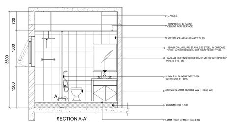 A section view of 3400x2400mm bathroom is given in this AutoCAD model. The height of the bathroom building is 3.5m. Bathroom Section Architecture, Bathroom Section Drawing, Bathroom Details Drawing, Bathroom Elevation Drawing, Bathroom Elevation, Bathroom Section, Bathroom Sketch, Bathroom Moodboard, Bathroom Drawing