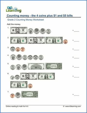 Grade 2 Counting money Worksheet on counting the 4 coins plus $1 and $5 bills Money Math Worksheets Free Printable, Grade 2 Math Worksheets, Counting Money Games, Kindergarten Money Worksheets, Counting Coins Worksheet, Money Learning, Grade 2 Math, Worksheets 3rd Grade, Counting Money Worksheets