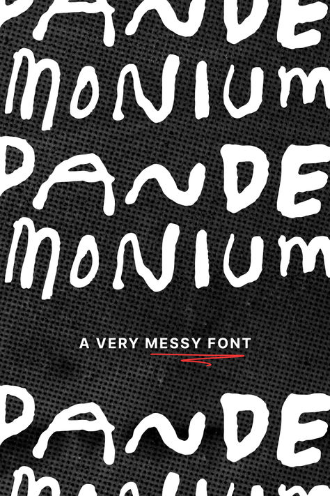 "Wild uproar, unrestrained disorder; tumult or chaos". True to its name, Pandemonium font is exactly that: wild, chaotic and super erratic. This messy handwriting font doesn't follow any rules. It's skinny, it's wide, it's bold, it's scratchy, it's jagged and unpredictable. And yet somehow, amongst it's disorder, each letter harmonises with the next one. Messy Typography, Messy Handwriting Font, Scratchy Font, Messy Fonts, Messy Handwriting, Free Handwritten Fonts, Title Card, Party Poster, Handwriting Fonts