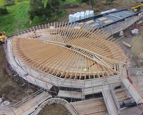 HEADLANDS (Para 55). The leaf roof construction has been a much anticipated stage in the realisation of this magnificent Para 55 house in the Cotswolds AONB. Leaf Structure Architecture, Leaf Concept Architecture, Botanical Architecture, Leaf Building, Leaf Architecture, Dark River, Zinc Roof, Leaf Structure, Lodge House