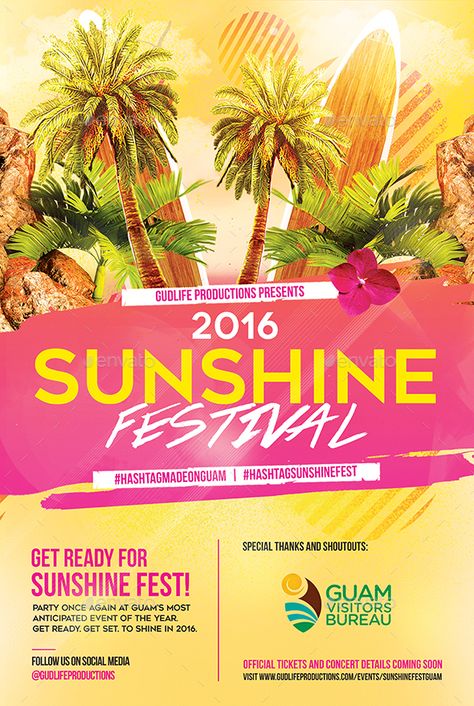 Download Free Graphicriver 	             Sunshine Festival Flyer            #energetic #energy #eventposter #exciting #flier #flyerdesign #palmtree #partyflyer #shiny #sunshine #texture #trees #tropical #vibrant Festival Flyer Design, Palm Tree Party, Tropical Festival, Event Graphics, Festival Flyer, Party Fits, Event Flyer Templates, Themed Events, Tropical Design