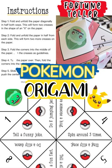 Free Pokemon Origami Fortune Teller printable great for parties and paper crafts. Pokemon Printables Free, Pokemon Activities For Kids, Origami Fortune Teller Template, Fortune Teller Template, Pokemon Kids Craft, Fortune Teller Printable, Diy Pokemon Crafts, Pokemon Origami, Pokemon Party Games