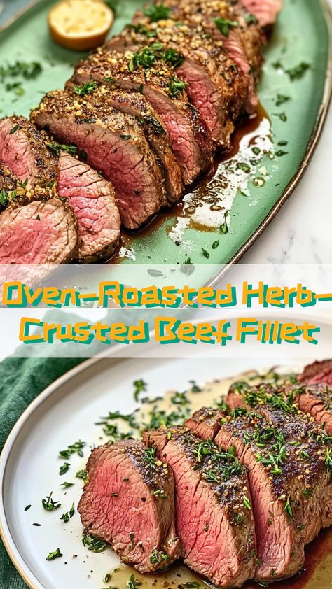 Delight your guests with this exquisite oven-roasted herb-crusted beef fillet. Perfect for a festive celebration or a cozy dinner at home. Elevate your culinary skills with this restaurant-quality dish. #beeflover #gourmetdinner #holidayfeast Beef Fillet Recipes Ovens, Beef Tenderloin Fillet Recipes, Whole Fillet Of Beef, Beef Tenderloin Roast Recipes Ovens, Filet Mignon Roast In The Oven, Beef Fillet Recipes, Tenderloin Recipes Oven, Roast Fillet Of Beef, Beef Tenderloin Roast Recipes