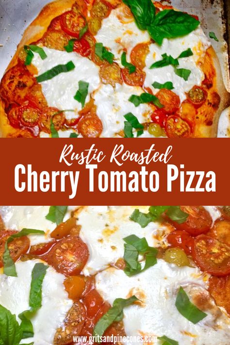 Making homemade pizza is quick and easy, and this Rustic Roasted Cherry Tomato Pizza, full of summery goodness, will make a believer out of you! #pizza #summer #tomatoes Pizza With Cherry Tomatoes, Pizza With Tomatoes, Unique Pizza Recipes, Fresh Tomato Recipes, Roasted Cherry, Making Homemade Pizza, Roasted Cherry Tomatoes, Grilled Pizza, Vegetarian Entrees