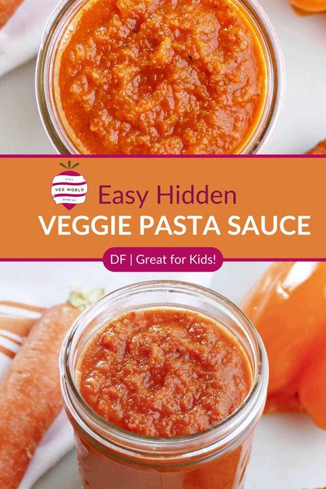 A jar of homemade hidden veggie pasta sauce next to carrots and peppers. Vegetable Spaghetti Sauce, Pasta Sauce Dairy Free, Tomato Based Pasta, Hidden Veggie Pasta Sauce, Easy Tomato Pasta Sauce, Hidden Veggie Pasta, Veggie Pasta Sauce, Red Pepper Pasta Sauce, Veggie Spaghetti