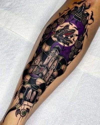 Angelo Parente Tattoos, Beetlejuice Tattoo Ideas, Horror Tattoo Ideas, Wicca Tattoo, Halloween Sleeve, Horror Sleeve, Beetlejuice Tattoo, Tim Burton Tattoo, Horoscope Tattoos