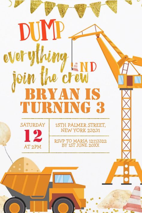 Truck Birthday Party Invitations, Birthday Dump, Dump Truck Birthday Party, Dump Truck Birthday, Truck Birthday Party, Truck Birthday, Trucks Birthday Party, Boy Birthday Invitations, Cars Birthday Parties