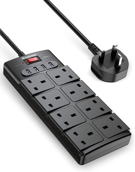 8 Gang Surge Protected Extension Lead: The 8 plug extension lead surge protector with usb slots, which total power output up to 13A/3250W, 1.5m extension cord enable to charge your smartphones, tablets, laptops and more electronic devices simultaneously USB Extension Lead 1.5m: Built-in intelligent IC, which can detect your devices and automatically deliver the optimal current to USB Powered devices, each port can reach 2.4A max, 4 USB ports can reach 3.4A 5V total Power Surge Protector Extension Lead: Our surge protected extension lead with 1050-Joule protection rating and features with overload protection to protect your devices against spikes and fluctuations. High quality fire-resistant PC material makes it fireproof up to 1382℉, ensure safety charging Extension Cord Wall Mount Power S Strip Bar, Extension Lead, Surge Protector, Electric Shock, Kids Area, Led Accessories, Shutter Doors, Extension Cable, Extension Cord