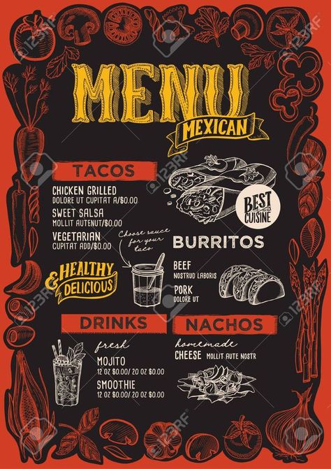 Wallpaper Mexican, Menu Design Ideas Templates, Drawn Vegetables, Illustration Brochure, Menu Wallpaper, Mexican Background, Mexican Food Menu, Food Brochure, Drink Cafe