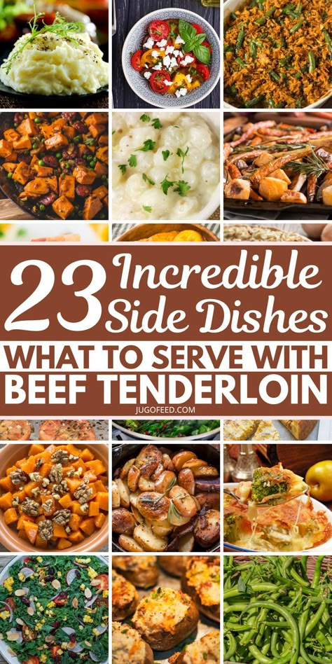 If you don't know what to serve with beef tenderloin, here are 23 side dishes that'll turn your entree into a satisfying meal. Just as the name suggests, beef tenderloin comes from the loin of the cow, and it's really tender! In fact, filet mignon comes from the very end of the tenderloin. #beef #sidedish Filet Sides Dishes, What To Make With Beef Tenderloin, Filet Mignon Sides Dishes, Beef Tenderloin Menu Ideas, Filet Mignon Meal Ideas, Tenderloin Sides Dishes, Roast Beef Dinner Ideas Sides, Beef Tenderloin Meals Christmas Dinners, Side For Filet Mignon