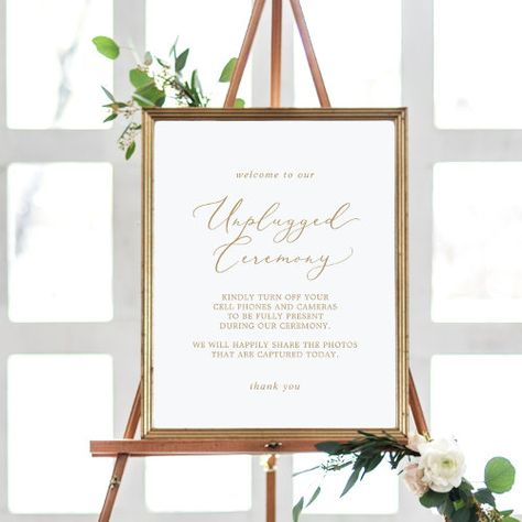 Delicate Gold Calligraphy Unplugged Ceremony Sign Summer Craft - elegant wedding signs, modern no cell phone sign, simple no cameras sign, romantic wedding ceremony signage, minimalist unplugged ceremony sign, whimsical unplugged ceremony sign, classic chic script typography k200, neutral clean spring summer calligraphy, white and gold unplugged wedding, classy minimal champagne golden yellow Elegant Wedding Signs, No Cell Phone Sign, Summer Calligraphy, Yellow Typography, Ceremony Signage, Unplugged Ceremony Sign, Romantic Minimalist, Unplugged Ceremony, Romantic Wedding Ceremony