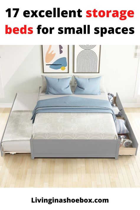 Grey storage bed with two drawers and trundle Storge Bed Frame, High Bed Pull Out Storage, Foam Mattress Bed Frame, Full Bed With Trundle And Storage, Queen Trundle Bed, Queen Size Lift Storage Bed, Black Room Design, King Size Hydraulic Storage Bed, Brimnes Bed