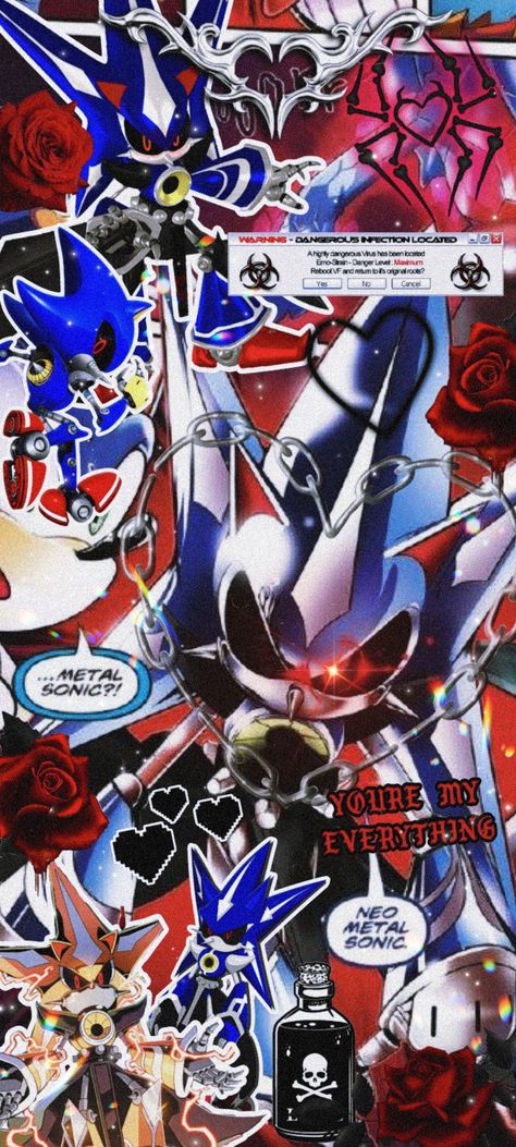 Several pictures of Neo metal sonic with roses,glitter, and heart's surrounding the pictures. Neo Metal Sonic Wallpaper, Neo Metal Sonic Pfp, Metal Sonic Wallpaper, Sonic Iphone Wallpaper, Metal Sonic Pfp, Sonic Wallpaper Iphone, Neo Metal Sonic, Sonic Wallpaper, Sonic Drawing