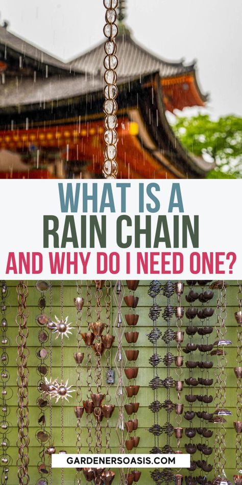 What Is A Rain Chain? And How Does It Work? | Gardening Pictures Of Rain, Rain Chain Ideas, How To Make A Rain Chain, Rain Chain Installation, Rain Chain Diy, Rain Chain Garden, Downspout Drainage, Copper Rain Chains, Budget Landscaping