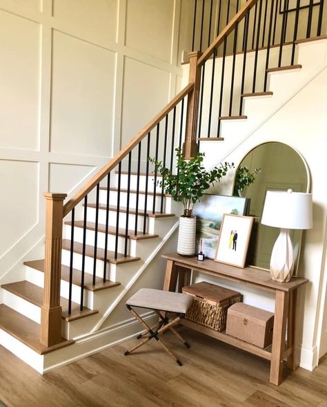 Entry Way By Stairs, Partially Open Staircase, Staircase Middle Of House, Stair Case Railing Ideas Ms, Entryway By Stairs Ideas, Staircase Remodel Before And After, Staircase Molding Trim Work, Entry Way Ideas With Stairs, Entry Way With Stairs