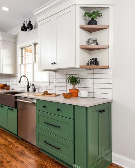 Open Shelf End Base Cabinet, Angled Open Shelves Kitchen, Open Door Cabinets Kitchen, Kitchen With Corner Shelves, Ways To Open Up A Small Kitchen, End Of Upper Kitchen Cabinet Ideas, Kitchen Cabinet Open End Shelf, Open Shelves At End Of Kitchen Cabinets, Open And Closed Kitchen Cabinets