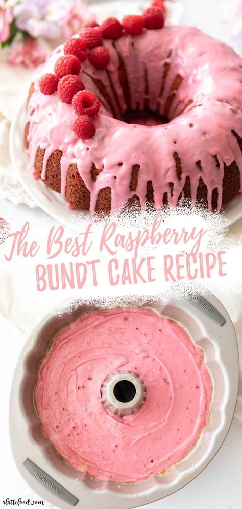 This Homemade Raspberry Bundt Cake recipe topped with a raspberry glaze is made with fresh raspberries (a homemade raspberry sauce) and freeze dried raspberries. It’s a raspberry sour cream cake from scratch—made without raspberry gelatin, jell-o, or cake mix. It’s an easy bundt cake recipe we love as a spring dessert or Valentine’s Day dessert. Berry Bundt Cake Recipes, Fresh Picked Raspberry Recipes, Easy Raspberry Cake Recipe, Raspberry Cake Ideas, Vanilla Raspberry Bundt Cake, Raspberry Cakes Birthday, Recipes Using Raspberry Puree, Small Raspberry Cake, Red Rasberry Deserts