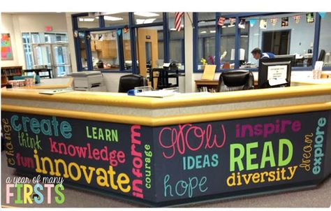 School Positivity, Library Essentials, Circulation Desk, School Library Decor, Library Space, Library Desk, School Library Displays, Middle School Libraries, School Libraries