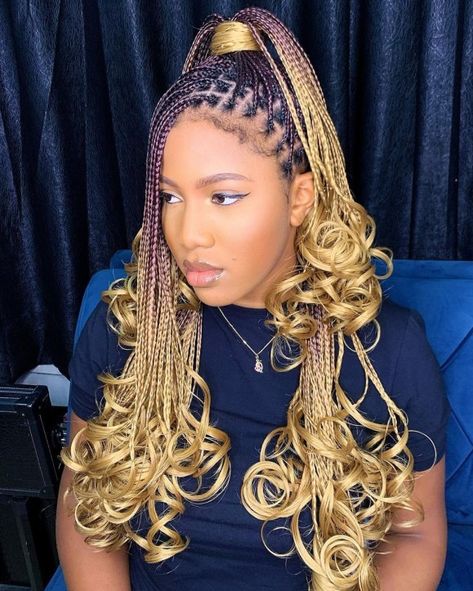 Purplish Braids with Blonde Curly Ends Waves Overnight, Box Braids With Curly Ends, Braided Braids, Curled Hair With Braid, Braids With Curly Ends, Blond Hairstyles, French Curl Braids, Overnight Braids, Curl Braids