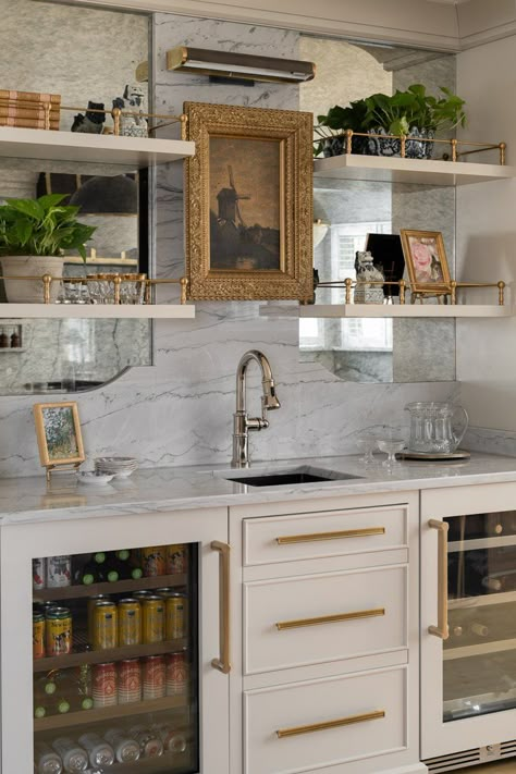 Butlers Pantry Countertop, Bookshelf Turned Into Bar, Tiffany Skilling Interiors, Elegant Wet Bar, Wet Bar In Living Room Built Ins, Wet Bar Fridge, Butlers Pantry With Bar, Butlers Pantry To Dining Room, Butler Pantry Bar