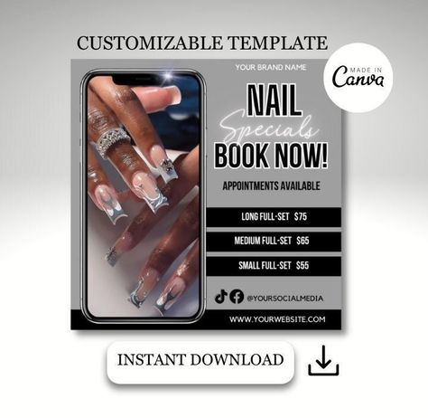 Please read all the following information before purchasing.  You may message me with additional questions or concerns.  Nail Flyer, Nail Special Flyer, Nail Bookings Flyer, Nail Tech Flyer, Appointment Flyer, Bookings Flyer, Social Media Flyer *MUST have a Canva account  No items will be shipped. Not a physical product No refunds or exchanges Nail Flyers Templates, Nail Special Flyer, Nail Tech Flyer Ideas, Nail Flyer Ideas, Promo Flyer, Nail Salon Decor, Flyer Design Inspiration, Nail Prices, Youtube Design