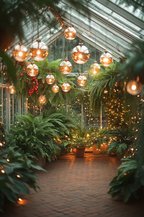 29 Christmas Aesthetic Ideas To Capture The Spirit Of The Season - Courtneys World Conservatory Christmas Decor, Traditional Christmas Aesthetic, Christmas Aesthetic Decor, Christmas Greenhouse, Christmas Aesthetic Ideas, Green Family Rooms, Conservatory Decor, Holiday Dining Room, Hanging Ferns