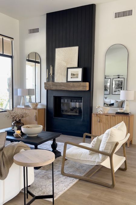 Matching Cabinets On Either Side Of Fireplace, Black Wall Fireplace, Black Fireplace Wall, Mantel Styling, Lounge Inspiration, Natural Interiors, Fireplace Redo, Basement Office, Panel Tv