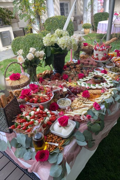 charcuterie board grazing table- rose themed for a bridal shower- 50 person 6 ft table Pink Grazing Table, Rose Theme Bridal Shower Ideas, Bridal Shower Charcuterie Board Ideas, Bridal Shower Grazing Table, Bridal Shower Charcuterie Board, Bridal Shower Charcuterie, Charcuterie Tables, Graze Tables, Charcuterie Table