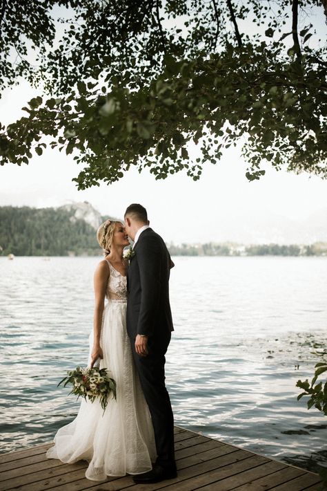 Lake Bled, Slovenia wedding Wedding River Photos, Wedding Photos Lakeside, Wedding Photos Near Water, Wedding Photos By The Lake, August Lake Wedding, Wedding Pictures On Dock, Lake Wedding Picture Ideas, Wedding Photos By Water, Wedding On Dock