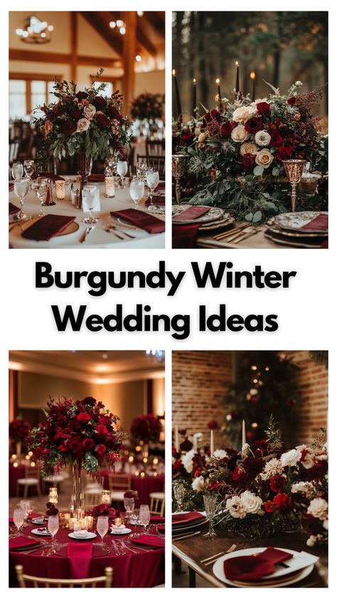 Elegant burgundy winter wedding setup with matching centerpieces, bouquets, and decor showcasing rich burgundy colors for a cozy winter celebration. Winter Wedding Ideas On A Budget, New Years Wedding Ideas, Burgundy And Champagne Wedding, Christmas Time Wedding, Burgundy Winter Wedding, Burgundy Color Palette, Wedding Table Arrangements, Winter Wedding Theme, Winter Wedding Table