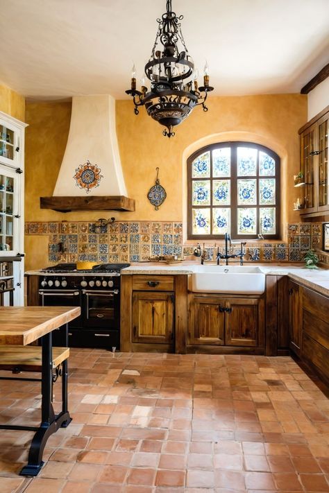 Kitchen Mediterranean Design, Spanish Themed Kitchen, Spanish Tile House, Spanish Kitchen Ideas, Spanish Tiles Kitchen, Rustic Mediterranean Kitchen, Mexican Kitchen Decor Ideas, Saltillo Tile Kitchen, Mediterranean Kitchen Tiles