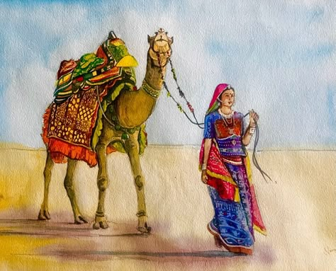 Camel Painting, Store Names Ideas, Rajasthani Painting, Rajasthani Dress, Rajasthani Art, Names Ideas, Wedding Illustration, Art Animals, Village Life