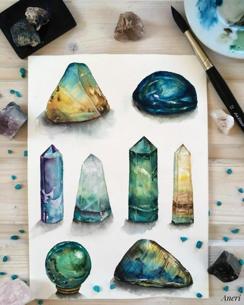 This Artist Patiently Paints Drawings, Turning Them Into Works Of Art Painting Crystals, Different Art Mediums, Crystals Watercolors, Vibrant Paintings, Crystal Drawing, A Level Art Sketchbook, Art Mediums, Gemstone Art, Jewelry Design Drawing