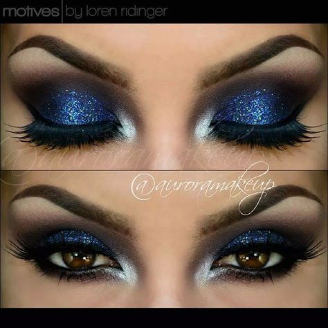 Last pic of this look =) Products @motivescosmetics by @lorenridinger -Eye Shadow Base -Khol eyeliner in ONYX  as dark base on mobile eyelid & waterline -Pressed Eye Shadow in VINO , marking the crease and transition color -Pressed eye Shadow in MIDNIGHT , on mobile eyelid -Glitter Pot in MOON DUST , on mobile eyelid -Gel eyeliner in LITTLE BLACK DRESS lining top lashes -Pressed eye Shadow in CRèME FRESH -La La Mineral Volumizing & Lengthening Mascara in BLACK #auroramakeup  #motivescosmetic... Xv Makeup, Makeup Silver, Make Up Sposa, Khol Eyeliner, Blue Smokey Eye, Silver Makeup, Makeup Tip, Carnival Makeup, Makijaż Smokey Eye