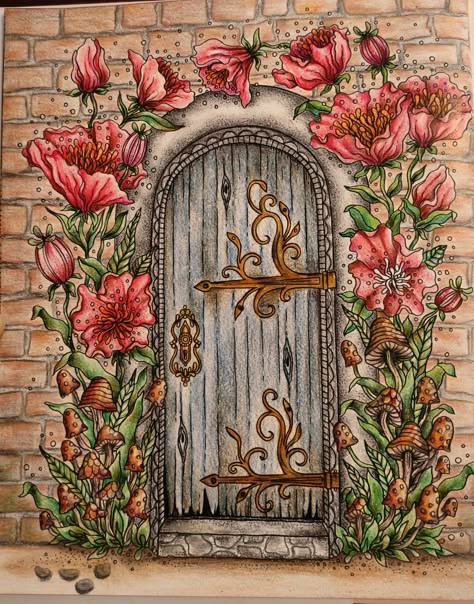 Fancy Door Drawing, Fairy Door Illustration, How To Draw A Door, Fairy Door Tattoo, Fairy Door Painting, Old Door Drawing, Fairy Door Drawing, Door Design Drawing, Aesthetic Doors