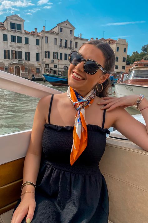 Venice Outfit, Italian Fashion, Italy Outfit, Summer Outfit, Summer Travel Outfit, Neck Scarf, Accessories, European Style Neck Scarf Outfit Summer, Rome Italy Outfits, Venice Outfit, Neck Scarf Outfit, Scarf Outfit Summer, Vaca Outfits, Summer Travel Outfit, Shawl Outfit, Semester At Sea