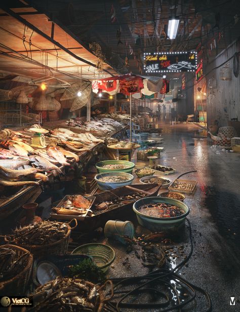 Dystopian Market, 3d Architectural Visualization, Analog Photography, Architectural Visualization, Fish Market, Environment Design, Environment Concept Art, City Aesthetic, Environmental Art