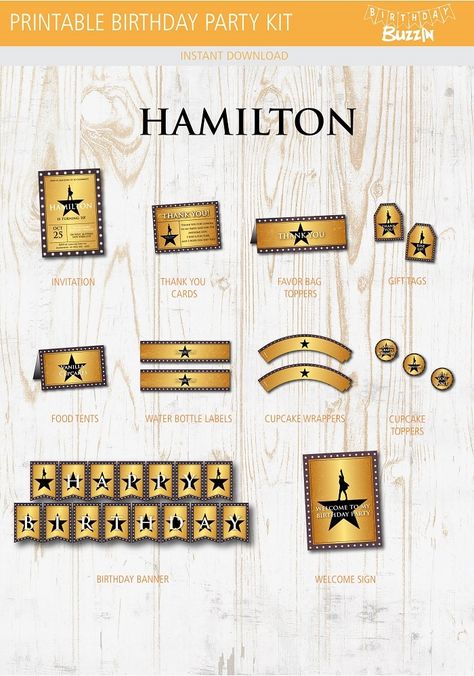 Hamilton Birthday Party Printable Kit | Birthday Buzzin Hamilton Themed Birthday Party, Hamilton Birthday Party Ideas, Hamilton Birthday Party, Alexander Hamilton Birthday, Hamilton Birthday, Hamilton Party, Favor Bag Toppers, Broadway Show, Birthday Party Printables