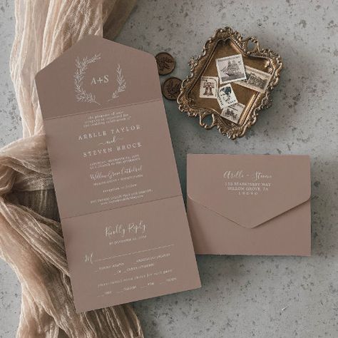 $3.80 | Minimal Leaf | Neutral Wedding #elegant seal and send wedding, simple tear off rsvp postcard, rustic unique wedding suite, botanical trifold budget wedding set, classic whimsical minimalist leaves k102, modern folded marriage invitation, greenery affordable tri-fold invite, desert all-in-one wedding stationery, bohemian earthy brown natural tone, minimal boho neutral taupe beige Taupe Wedding Invitations, Brown Wedding Theme, Neutral Wedding Invitations, Taupe Wedding, Hair Styles Wedding, Elegant Wedding Decor, Wedding Invitations Elegant, Leaf Silhouette, Marriage Invitations