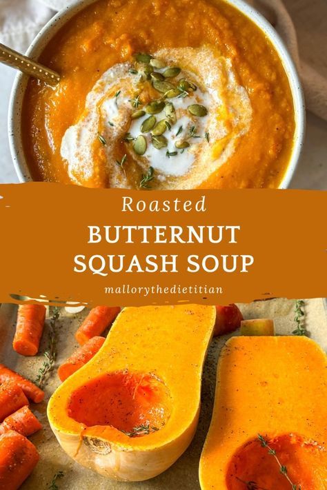 This healthy Butternut Squash Soup with Ginger is the perfect vegan soup recipe for cold months! Sweet squash is roasted on a sheet pan with carrots, apples, and aromatics and blended to perfection with ginger and fresh thyme to create the absolute best flavor. It’s made with fresh ingredients and is SO tasty! Click to make this creamy butternut squash soup and follow for more nutritious recipes from a dietitian including healthy soup recipes and easy dinner ideas. Gluten-free, vegan recipe. Sandwich Buffet, Healthy Butternut Squash, Soups For Kids, Butternut Squash Soup Recipe, Recipe For Fall, Butternut Squash Recipes Soup, Squash Soup Recipe, Fall Soup Recipes, Roasted Butternut Squash Soup