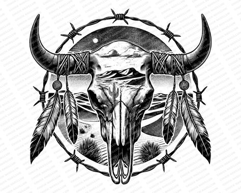 Western Bull Skull Drawing, Feather Tattoo Art, Cow Skull With Feathers, Native American Skull, Wolf Tattoos Men, Upper Back Tattoos, Country Tattoos, Indian Skull, Western Tattoos