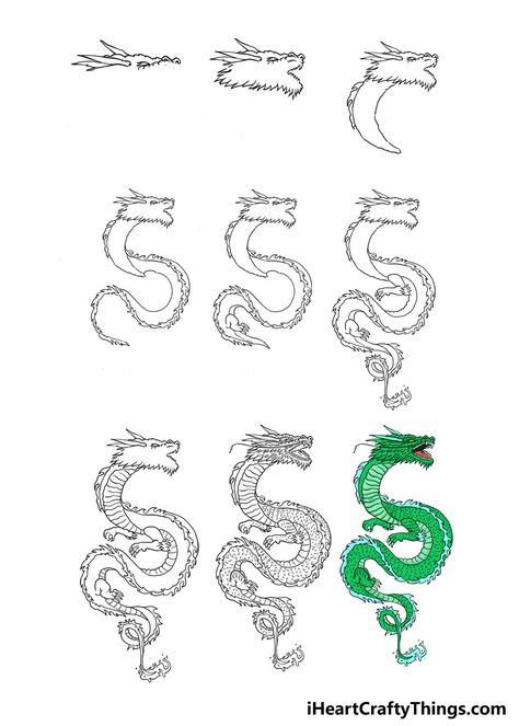 Chinese Dragon Drawing Tutorial, Drawing Dragon Tutorial, Dragon Drawing Chinese, How To Draw A Japanese Dragon, How To Draw Chinese Dragon, How To Draw A Dragon Step By Step Easy, Chinese New Year Dragon Drawing, Chinese Dragon Reference, Chinese Dragon Doodle