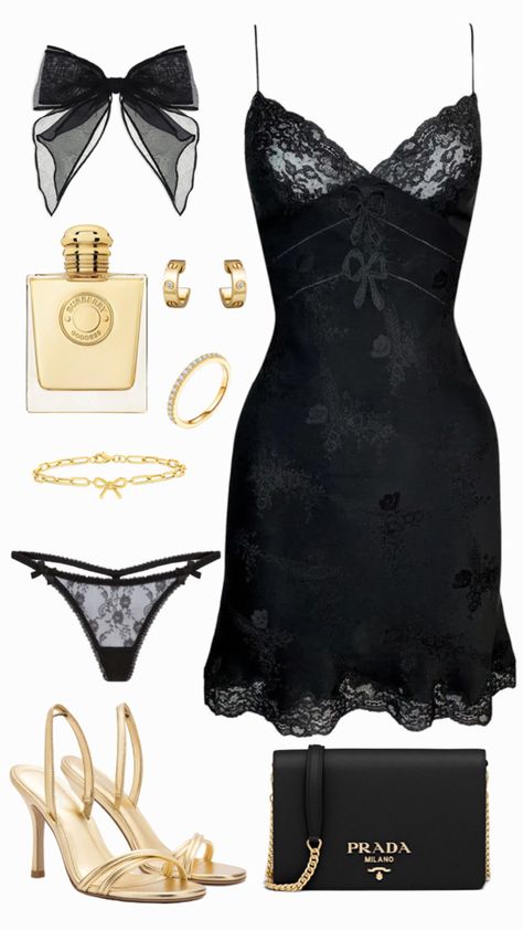 sexy outfit, black dress, going out fit, black & gold Lingerie Outfit Black Woman Classy, Black Party Outfit Ideas, Black Dress And Gold Accessories, Elegant Club Outfits Classy, All Black Fancy Outfits, Black Fancy Outfits, Black And Gold Outfit Parties, Going Out Outfits Baddie, Black Outfits Party