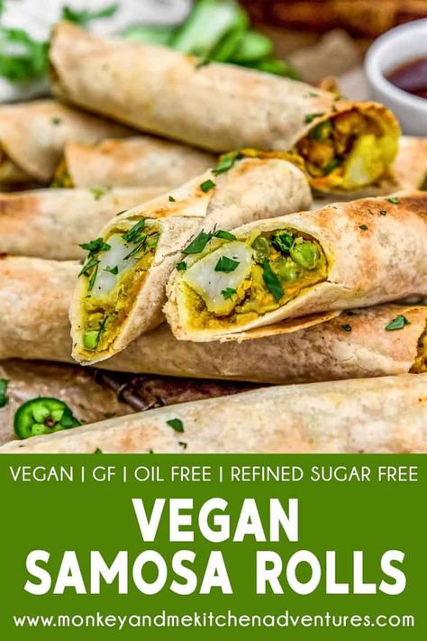 Samosa Rolls, Vegetarian Samosas, Vegan Samosa, Vegetarian Empanadas, Vegan Indian Food, Monkey And Me, Monkey And Me Kitchen Adventures, Vegan Indian Recipes, Oil Free Vegan Recipes