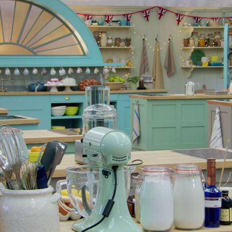 the great British bake off kitchen aesthetic. Gbbo Inspired Kitchen, Baking Set Up Aesthetic, Great British Bake Off Inspired Kitchen, Gbbo Aesthetic, Baking Set Up, Baking Equipment Aesthetic, Baking Show Aesthetic, Great British Bake Off Party Decorations, Baking Kitchen