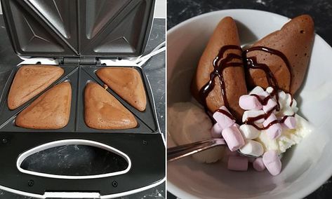 Women are using the $7.50 sandwich press from Kmart to make cakes | Daily Mail Online Mini Chocolate Cakes, Sandwich Maker Recipes, Sandwich Press, Mini Chocolate Cake, Pies Maker, Sweet Recipe, Sandwich Maker, Chocolate Cakes, Sugar Spoon