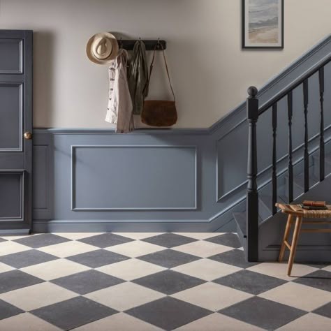 Victorian Hall Panelling, Bannister Colour Ideas, Blue Grey Panelling, Small Landing Ideas Upstairs, Red Blue Interior, Dark Blue Hallway, Ideas For Hallways, Bathroom Tiles Modern, Victorian Hallway Tiles