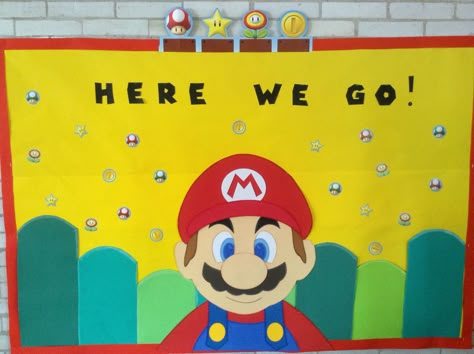 Mario Themed Bulletin Board, Nintendo Bulletin Board, Nintendo Classroom Theme, Super Mario Bros Bulletin Board, Super Mario Bros Bulletin Board Ideas, Mario Classroom Door, Gaming Classroom Themes, Super Mario Theme Classroom, Super Mario School Theme