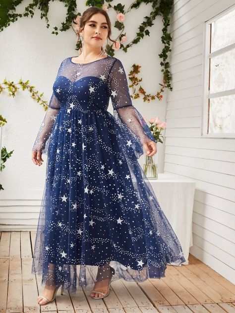 Free Returns ✓ Free Shipping On Orders $49+ ✓. Plus Galaxy Print Mesh Overlay Dress- Plus Size Dresses at SHEIN. Celestial Dress, Galaxy Dress, Forever 21 Plus Size, Mesh Overlay Dress, Big Size Dress, Prom Dress Plus Size, Dress Aesthetic, Galaxy Print, Overlay Dress